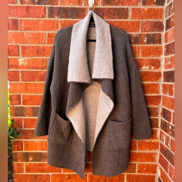 Zara Medium Oversized Gray Wool Blend Cascading Long Cardigan Chunky Sweater - Picture 9 of 9
